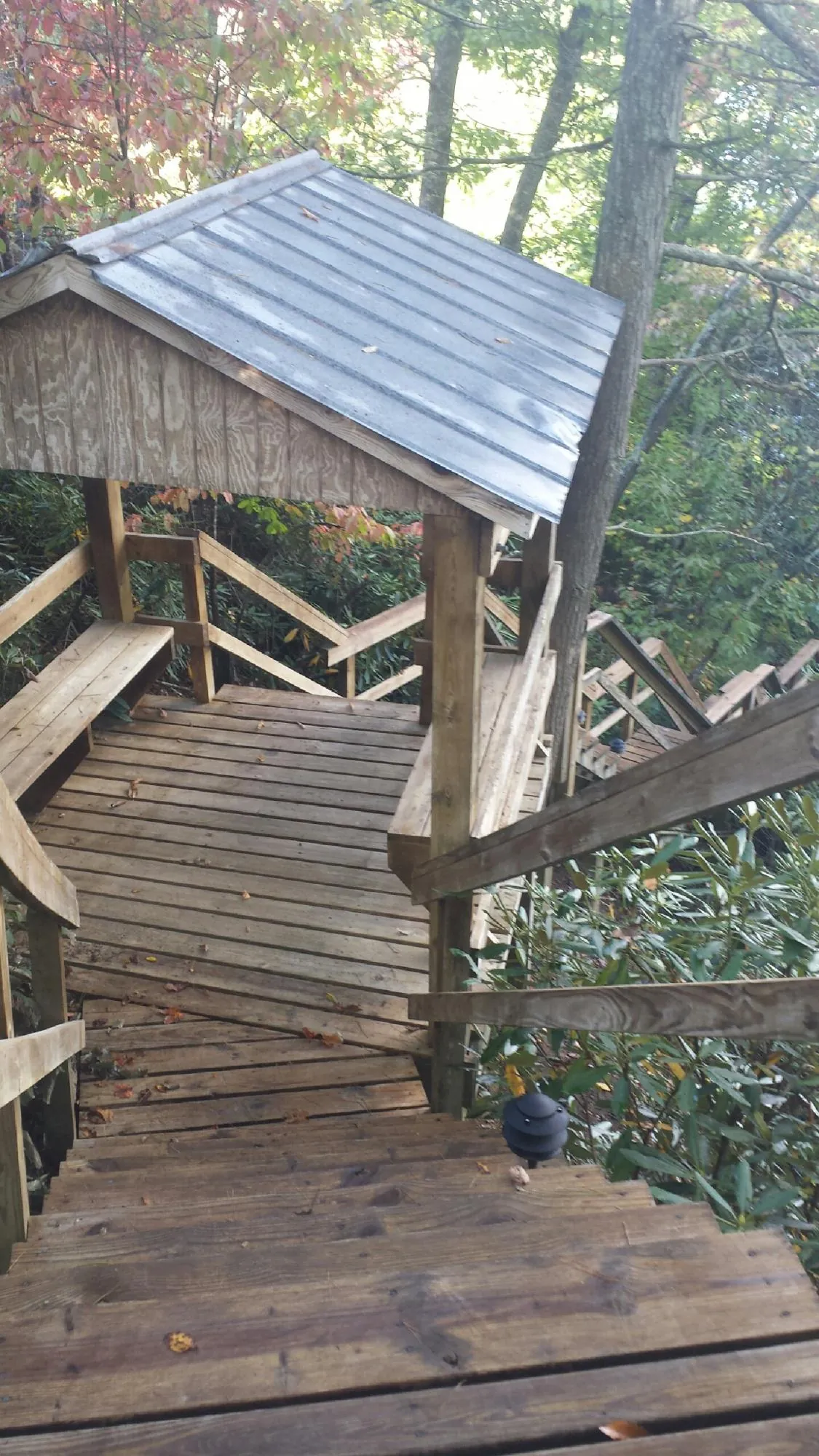 Metal roofed shelter over wooden steps on a wooded walkway — Skylight Repair & Installation work by our crew in Bargersville